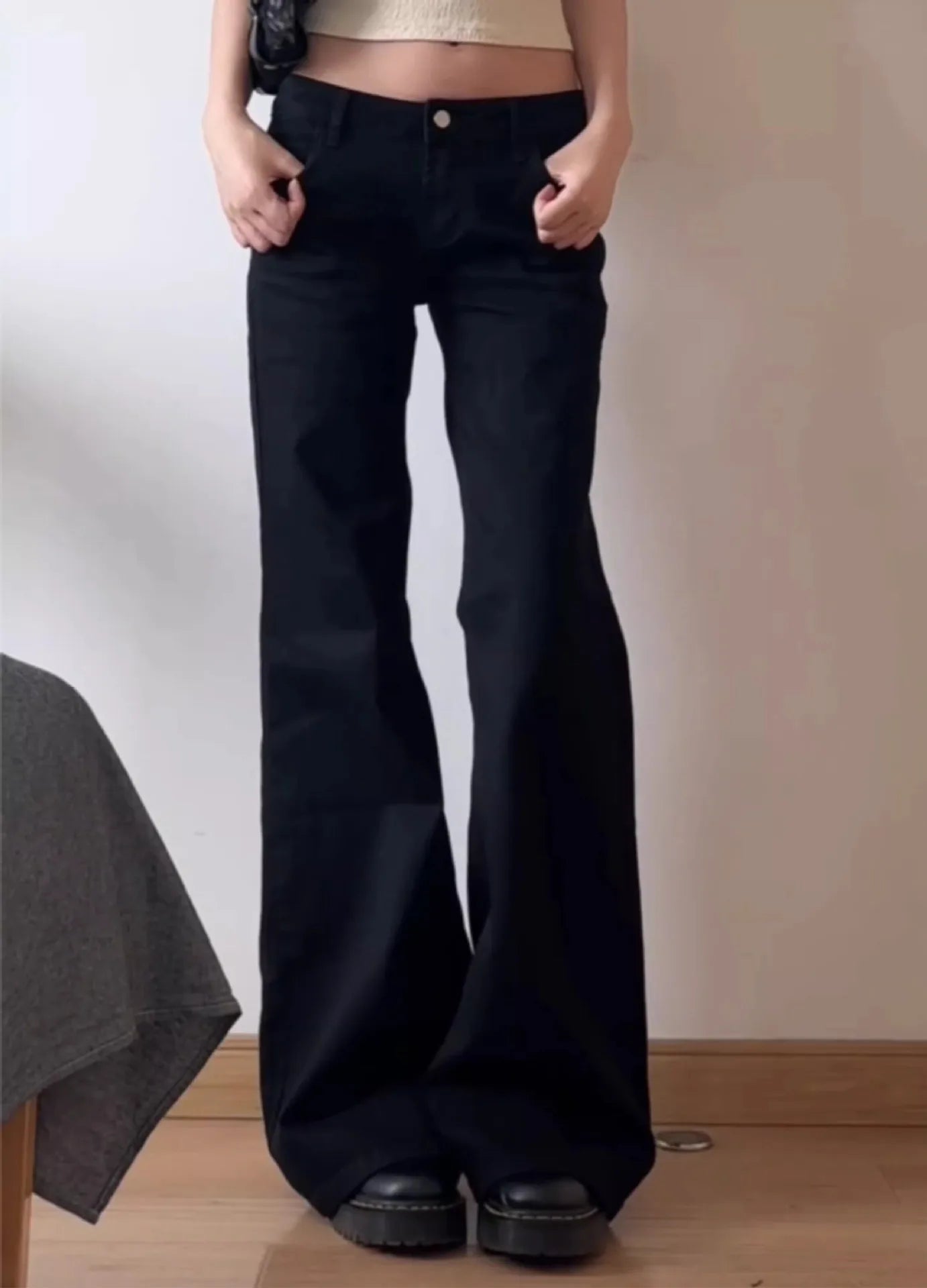 Vaqueros de talla grande estilo americano con cintura baja, anchos y micro acampanados para mujer, corte holgado, versátil y recto, para principios de otoño