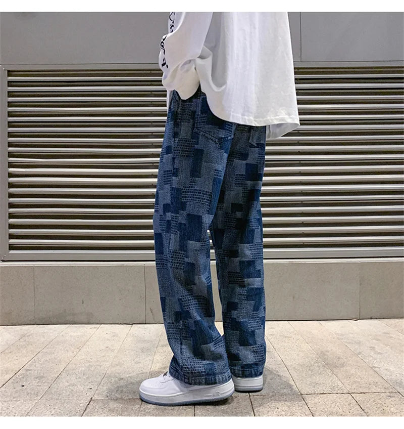 Autumn Blue Black Plaid Jeans For Men Y2K Vintage Wide-leg Jean High Street Loose Straight Denim Trousers Hip Hop Pantalones