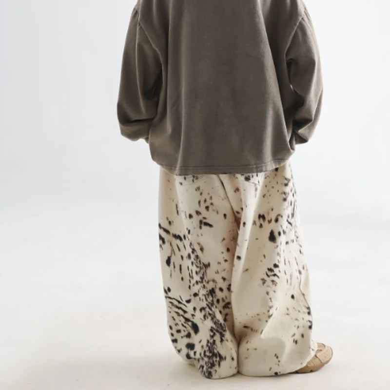 Korean Style 2-8Y Boys Jeans Spring Autumn Kids Apricot Leopard Print Casual Wide Leg Pants Children Versatile Trousers A05038