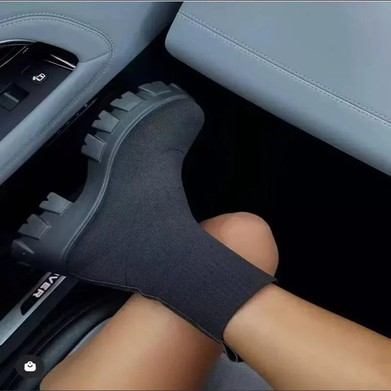 Botas de calcetín para mujer, sencillas, hasta media pantorrilla, ligeras, resistentes al desgaste, informales, con plataforma y sin cordones