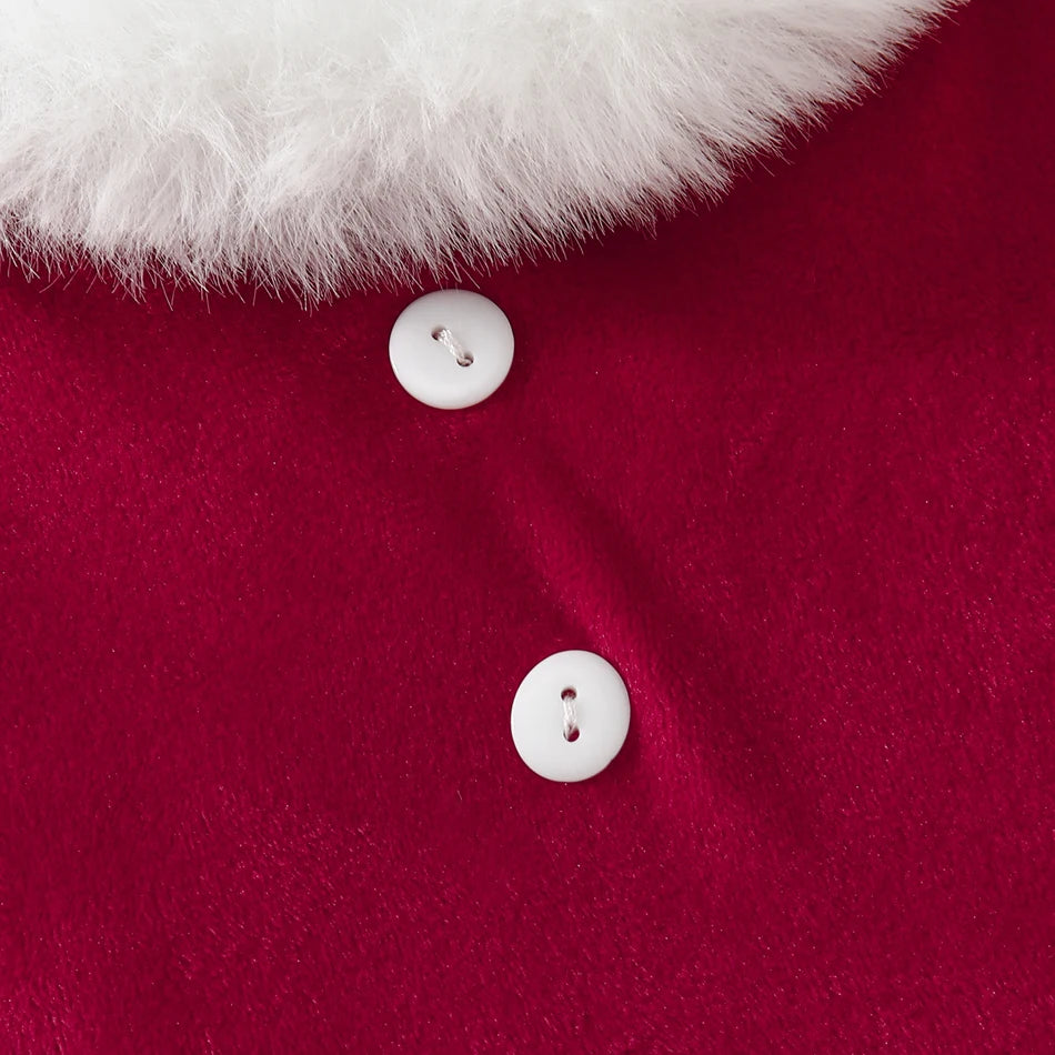 Children Christmas Party Dress Velvety with Fluffy Trim Hooded V-Neck Xmas Gown with Waist Bow Girl Red Christmas Dress