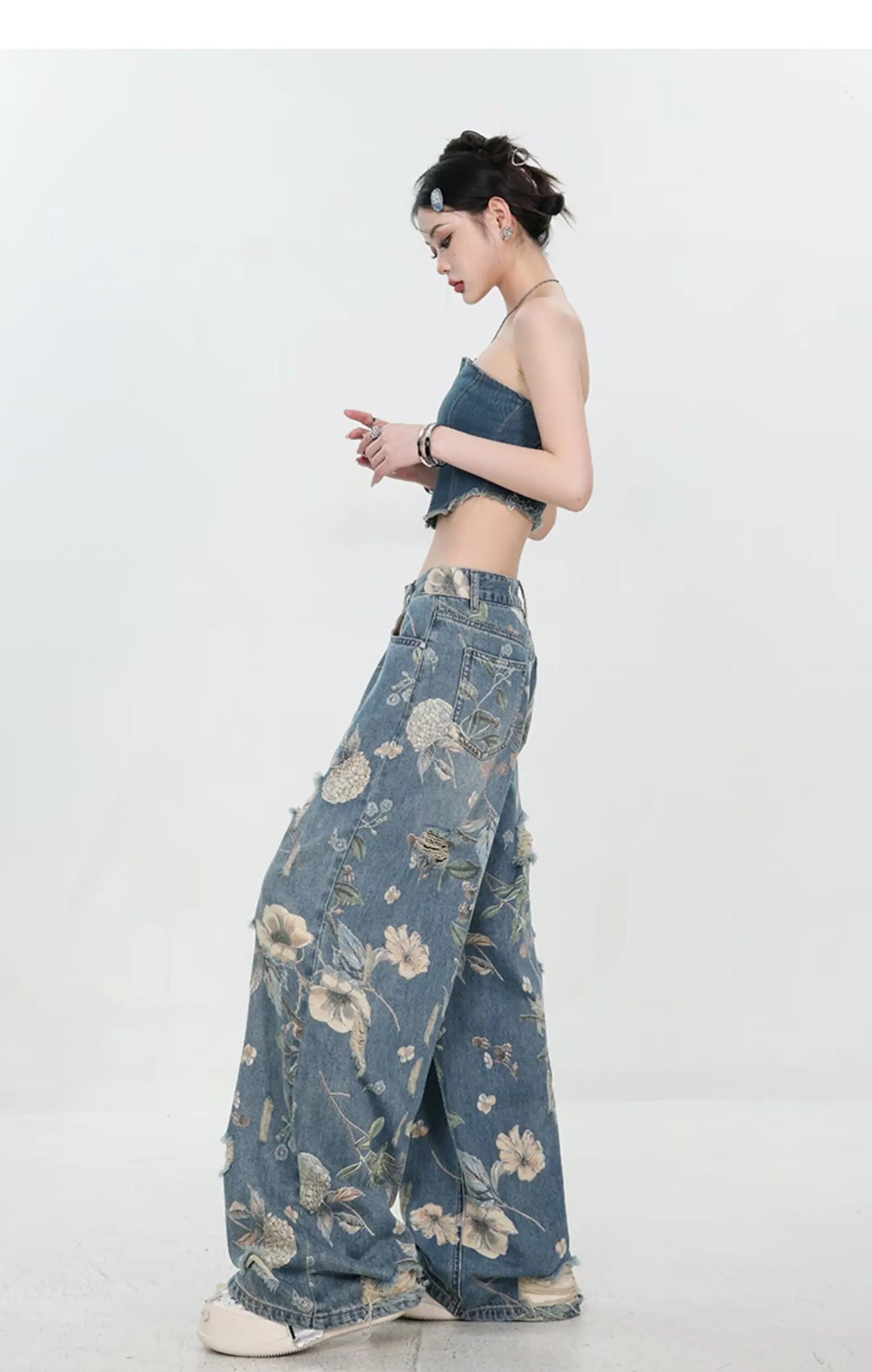 American Street Print Jeans For Women Trendy Style Loose And Versatile Floor-length Wide-leg Pants With A Versatile Design