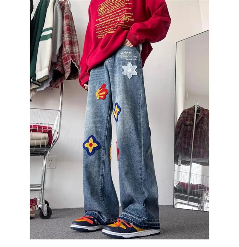 Autumn Y2K Vintage Flower Embroidery Jeans For Men Hip Hop Fashion Baggy Denim Pants Women's Streetwear Blue Straight Jean