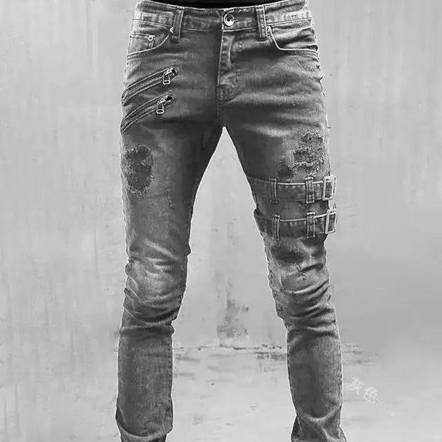 Pantalones vaqueros de tubo para hombre, de cintura media, estilo motociclista, lavados, con bolsillos, ajustados, ligeramente elásticos, hasta el tobillo, con cremallera, 2024