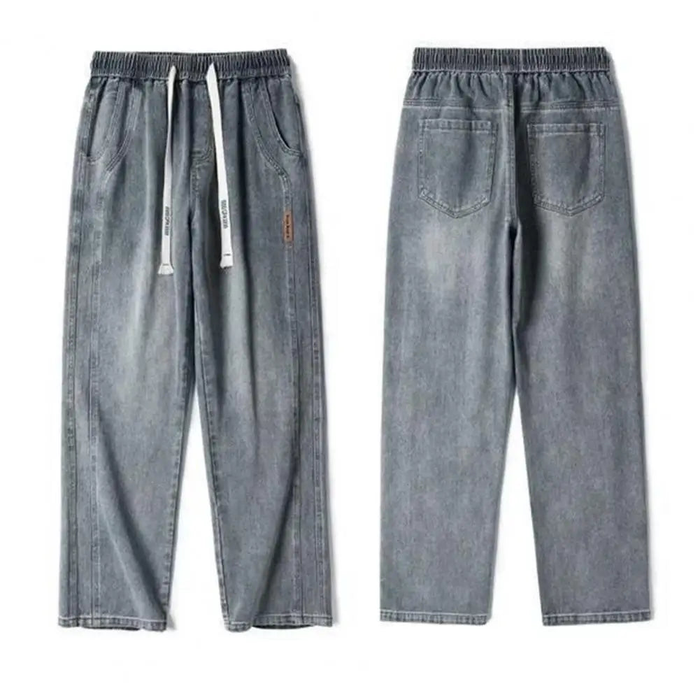 Non-deformed Men Gradient Color Jeans Versatile Men's Elastic Waist Denim Pants Adjustable Drawstring Solid Color for Casual