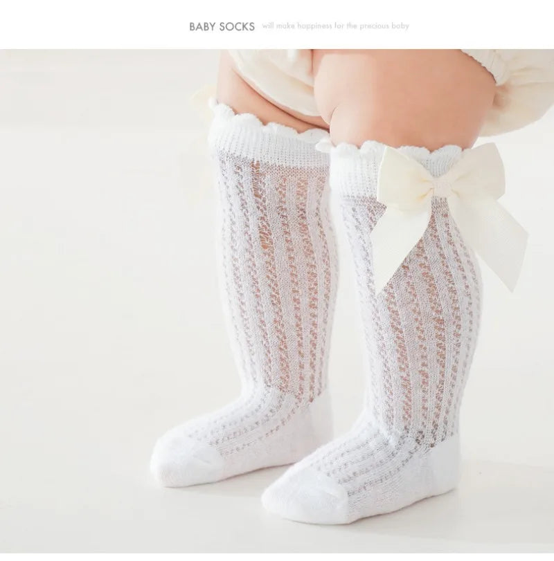 0-2Years Baby Girl Socks with Bow Summer Toddler Baby Cotton Mesh Knee Socks Newborn Infant Non-slip Baby Princess Long Socks
