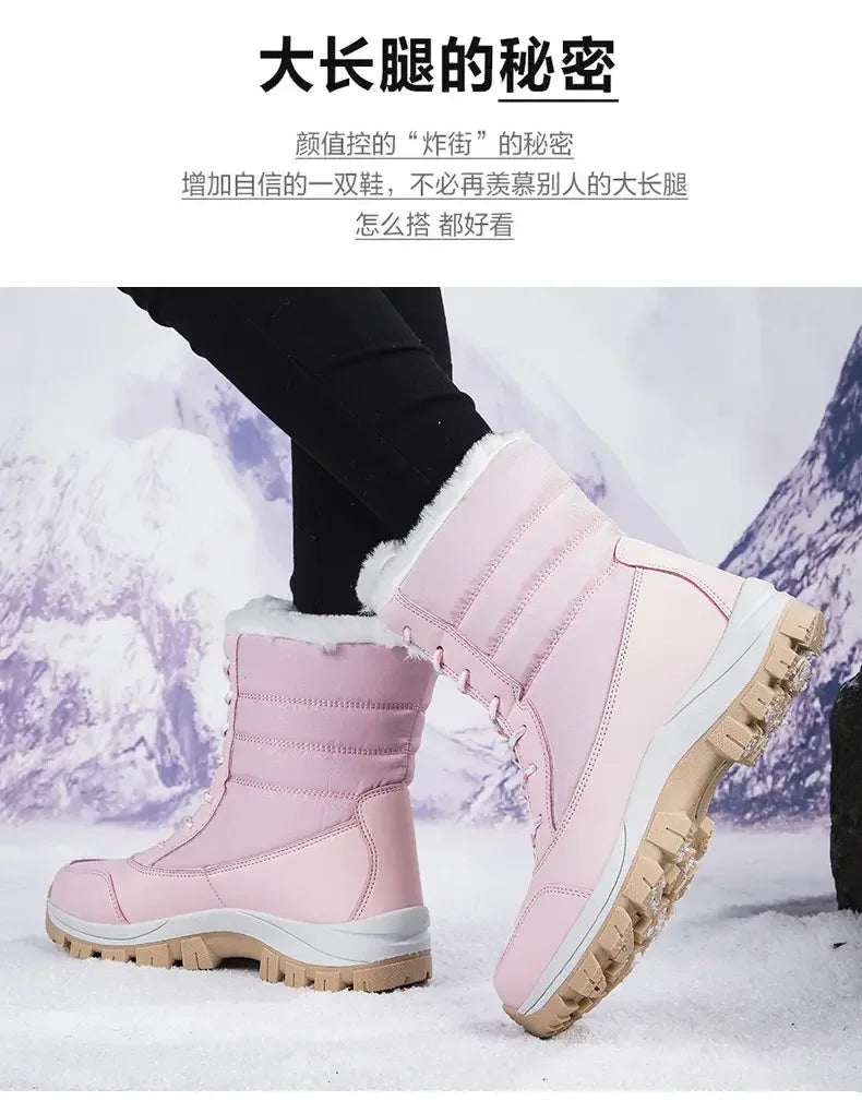 Winter Women's Waterproof High Heel Boots Strap Up Flat Heel Boots Warm Snow Shoes, Plush Outdoor Fashion Casual Boots