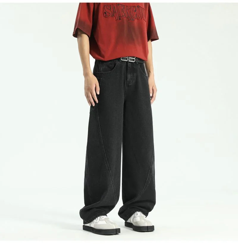 New Vintage Men‘s Patchwork Baggy Jeans Draped Straight-leg Denim Trousers Autumn Korean Fashion High Street Casual Y2K Jean