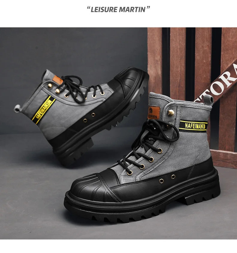 Botines de lona de caña alta para hombre, de diseño moderno, botas de trabajo para exteriores de alta calidad, botines de plataforma para motociclistas