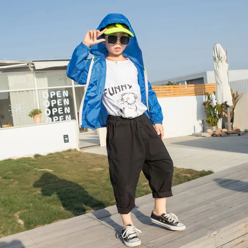 Children's Summer Thin Sun-protective Jacket Boys Girls Breathable Hooded Zipper Solid Lightweight Coat Jackets Clothing