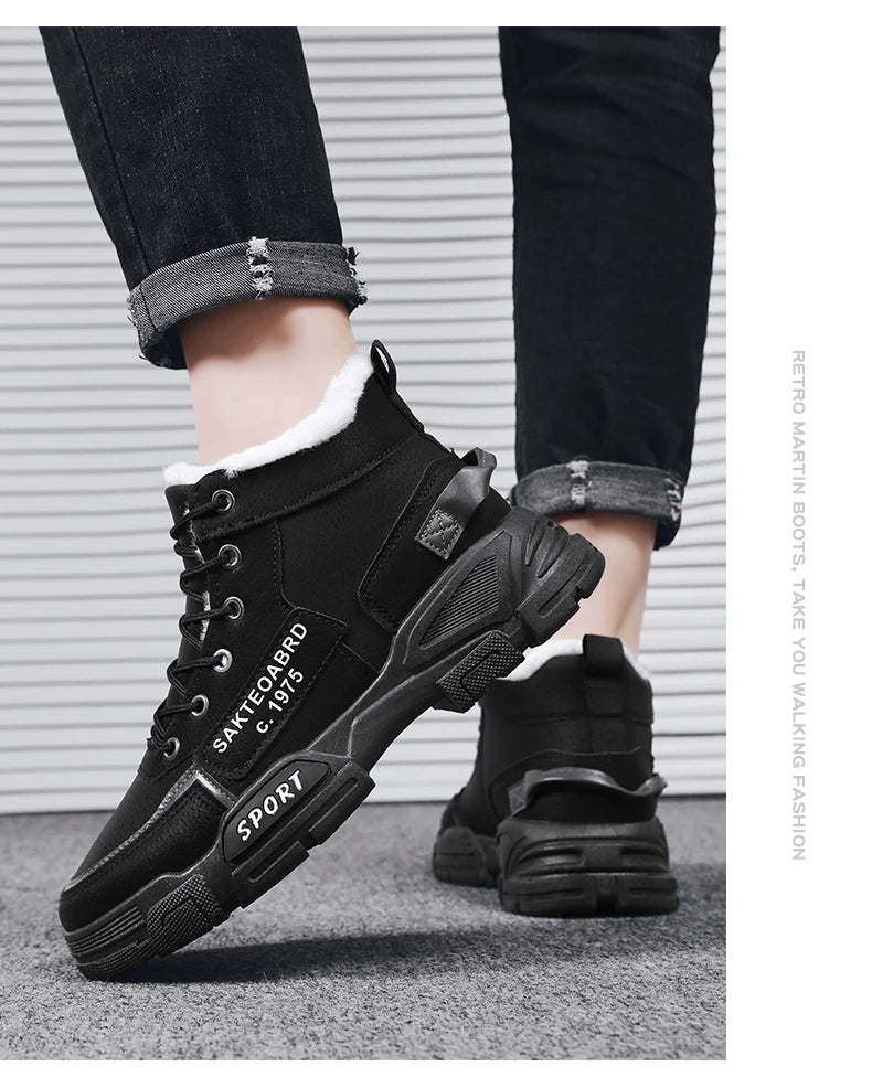 Botas nuevas para hombre, de invierno, de felpa, para la nieve, estilo casual, para exteriores, con cordones, cálidas, antideslizantes, hasta el tobillo.