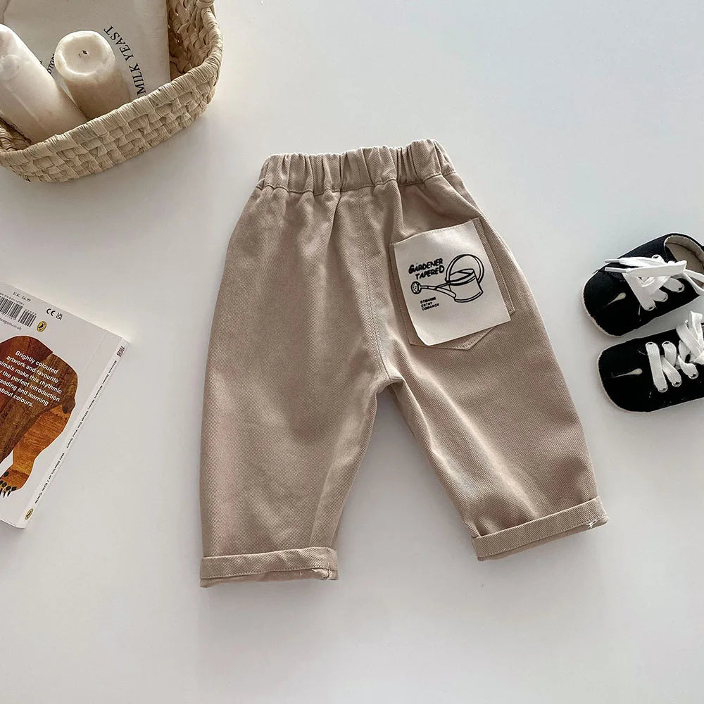 1-5Y Kid's Jeans Loose Solid Boys Denim Pants Patchwork Pocket Girls Straight Trousers Casual Kids Outdoor Pants