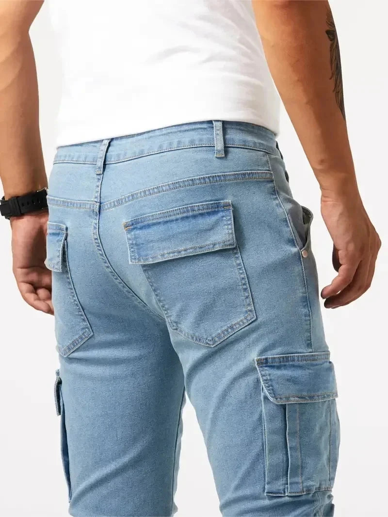 2025 Street Elastic Jeans Men Denim Cargo Pants Wash Solid Color Multi Pockets Casual Mid Waist Trousers Slim Daily Wear Joggers