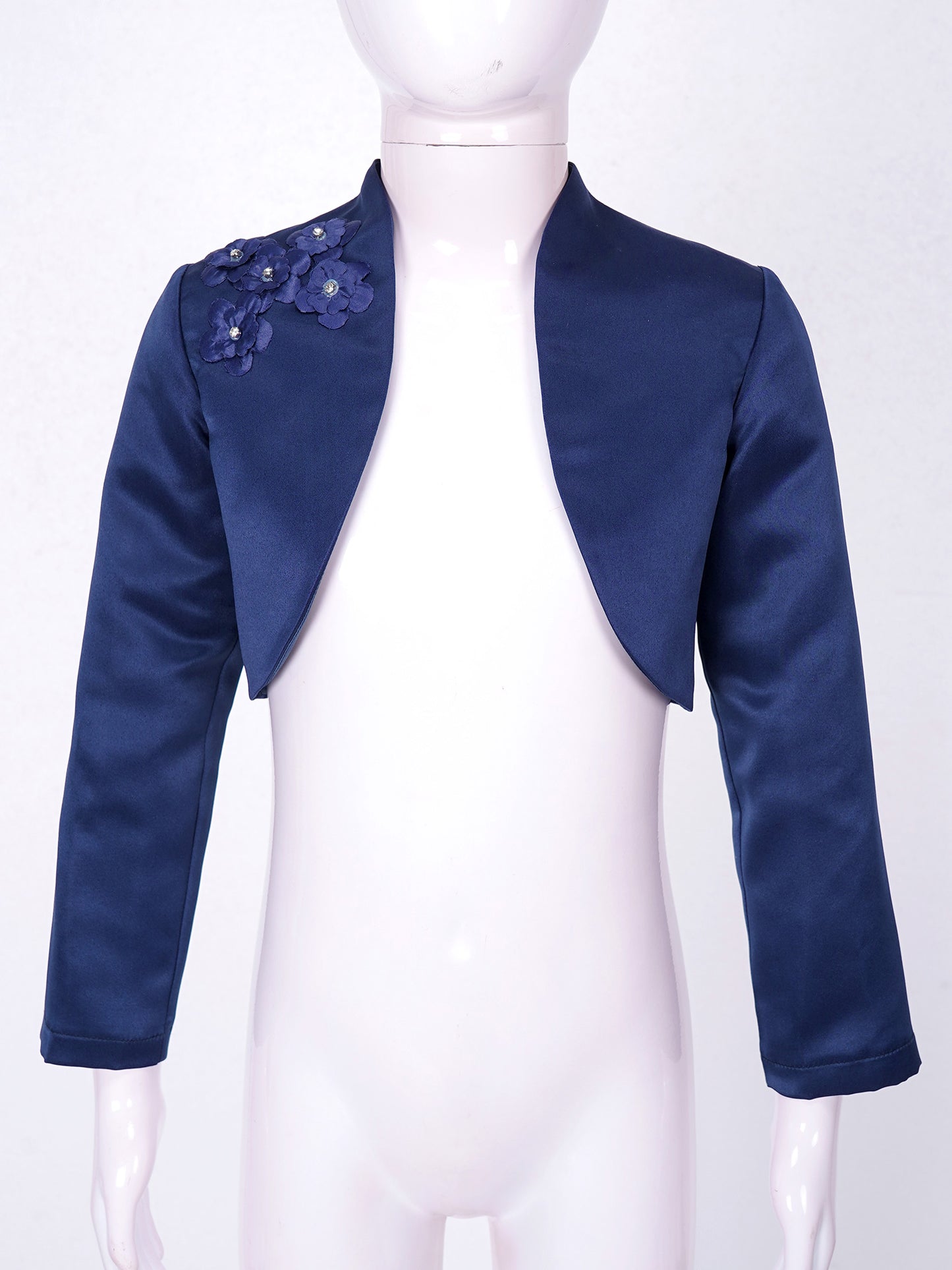 Kids Girls Satin Bolero Jackets Rhinestone Flower Elegant Cardigan Long Sleeve Open Front Shrug Cape Wedding Party Dress Outwear