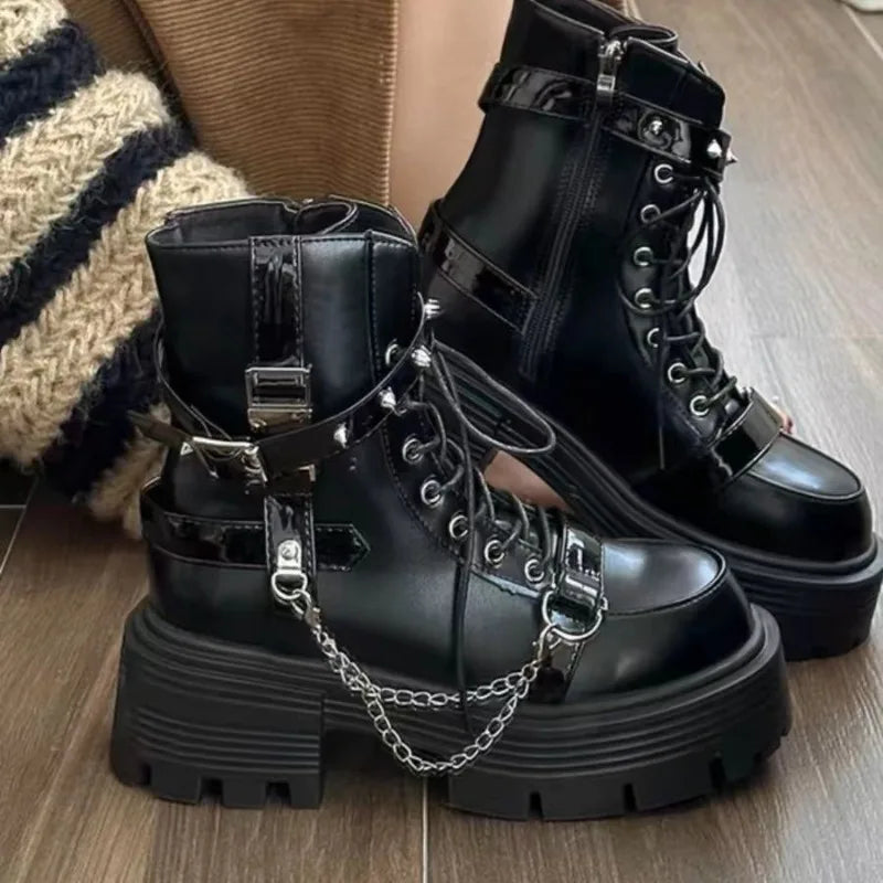 Botas de tobillo para mujer, botas de plataforma góticas de moda, botas cortas británicas, botas de moto para mujer, botas punk con remaches de diseñador, botas