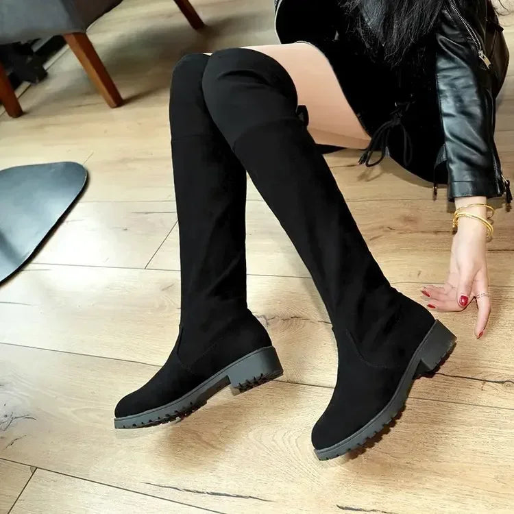 Botas largas elásticas de ante sintético para mujer, botas por encima de la rodilla, zapatos casuales negros sexis con plataforma para discoteca, botas de otoño para mujer