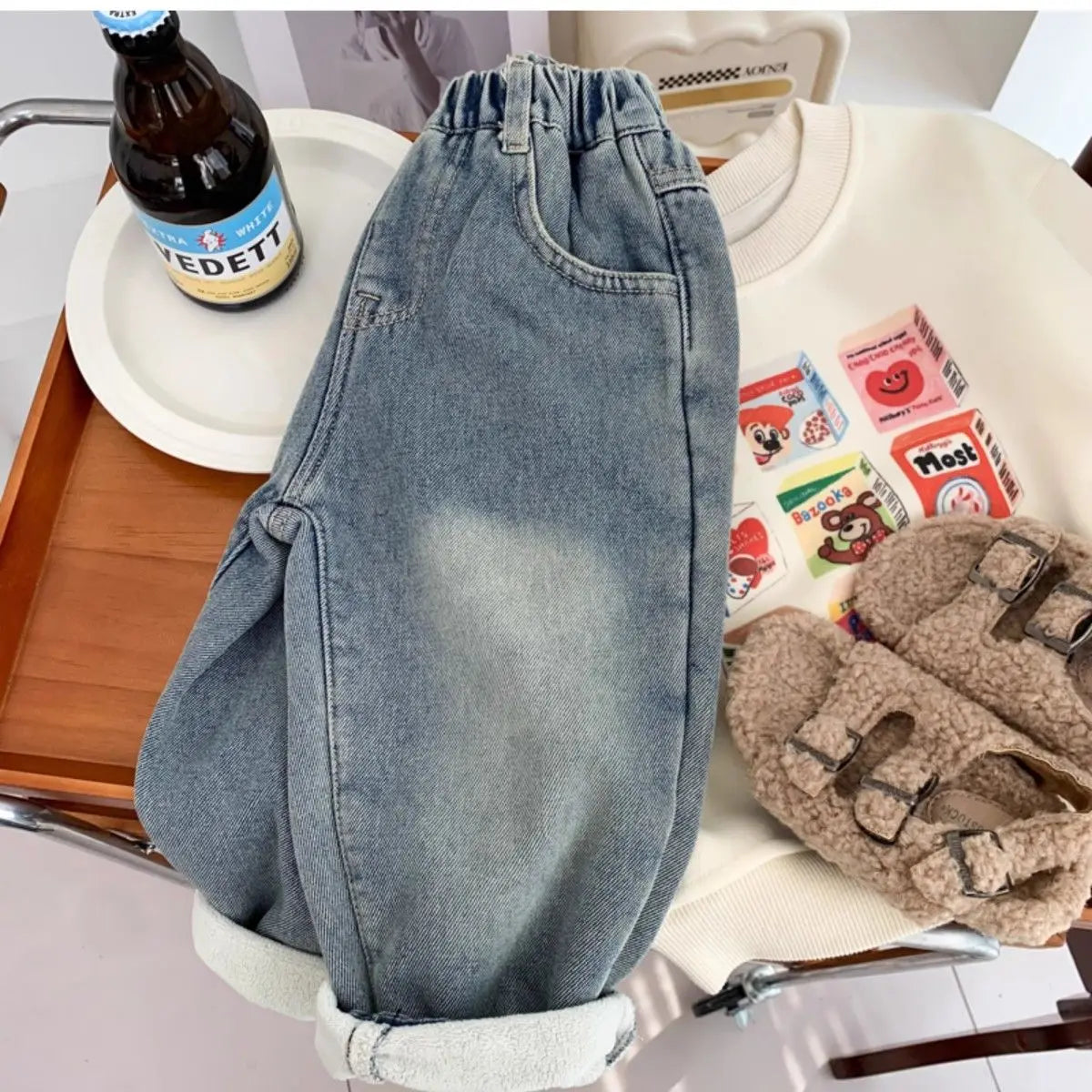 New Boys' All in One Fleece Jeans Autumn and Winter Children's Stylish Warm Pants Kids Handsome Elastic Trousers