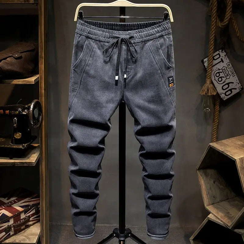 Spring Autumn 2022 New Drawstring Elastic Waist Denim Jeans Men's Slim Feet Pants Korean Fashion Casual Pants Harem Baggy Jeans