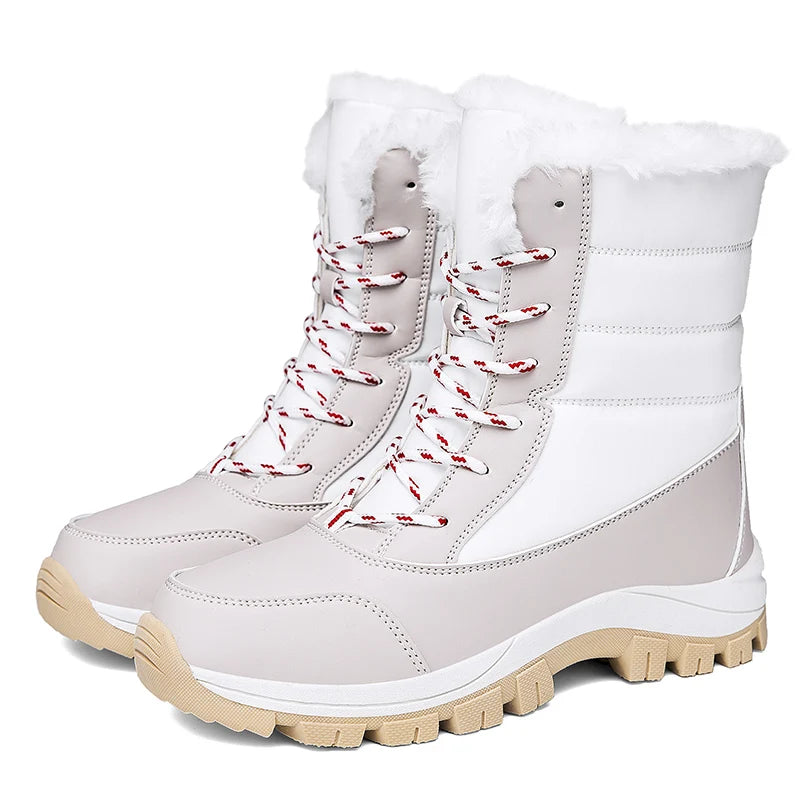 Winter Women's Waterproof High Heel Boots Strap Up Flat Heel Boots Warm Snow Shoes, Plush Outdoor Fashion Casual Boots
