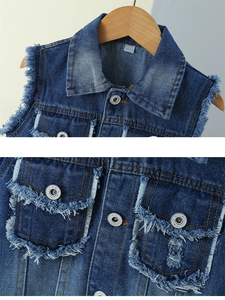 Elegant Unisex Kids Denim Waistcoat with Raw Hem for Boys Girls Casual Sleeveless Jeans Jacket Vest Child Fashion Waist Coat