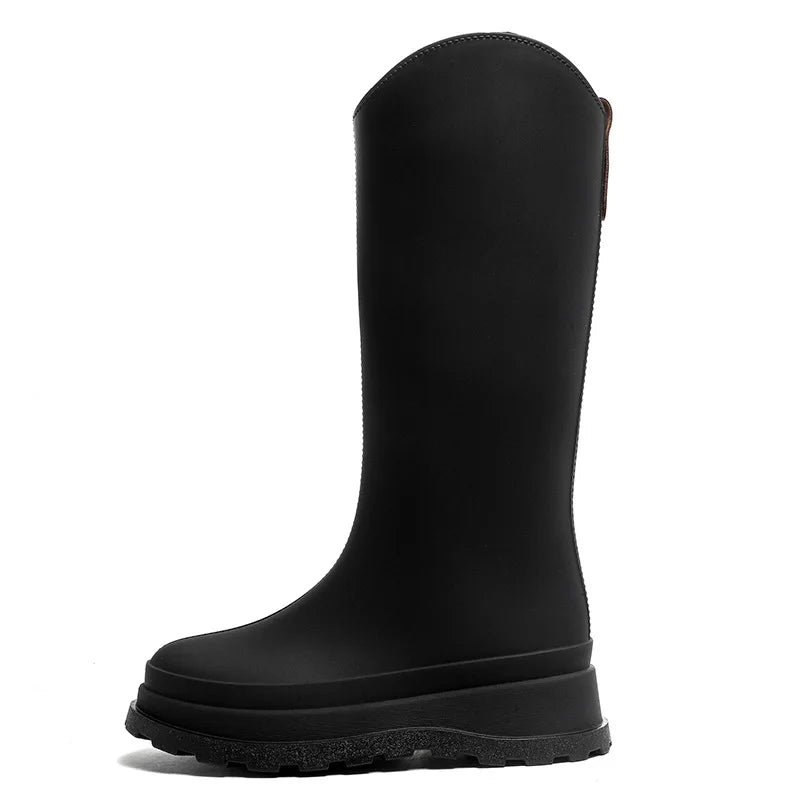 Botas de lluvia de PVC de caña alta para mujer, estilo británico, suela gruesa, impermeables, duraderas, para exteriores, de color sólido, antideslizantes