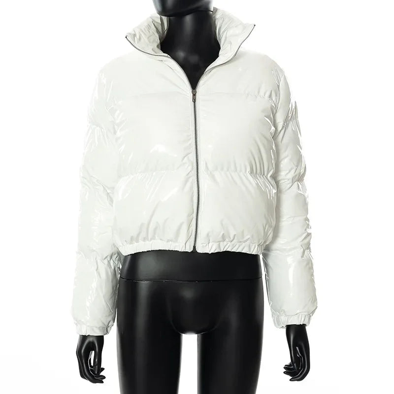 European and American Solid Color Mirror Pu Leather Down Jacket, Womens' Winter New Short Zippered Stand-up Collar Padded Jacket