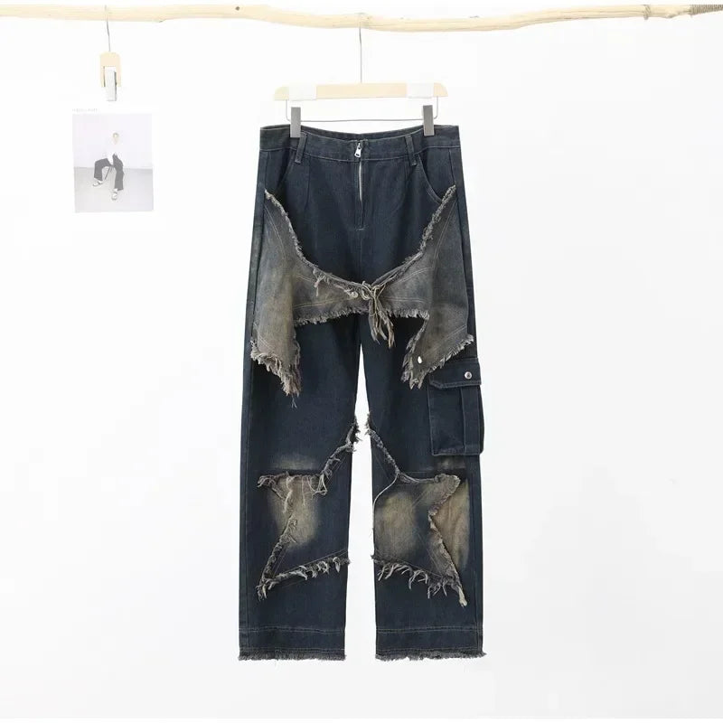 Pantalones vaqueros de estilo retro americano con borlas y costuras de estrella para mujer, pantalones holgados de pierna ancha, pantalones punk Y2K de moda