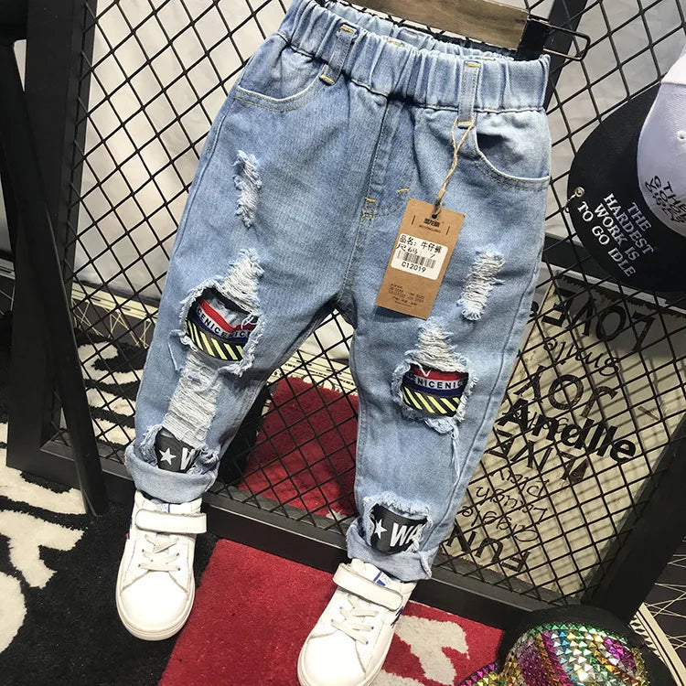Pantalones vaqueros para niñas de 1 a 7 años, informales, con agujeros y estampado de gato de dibujos animados, para primavera y otoño