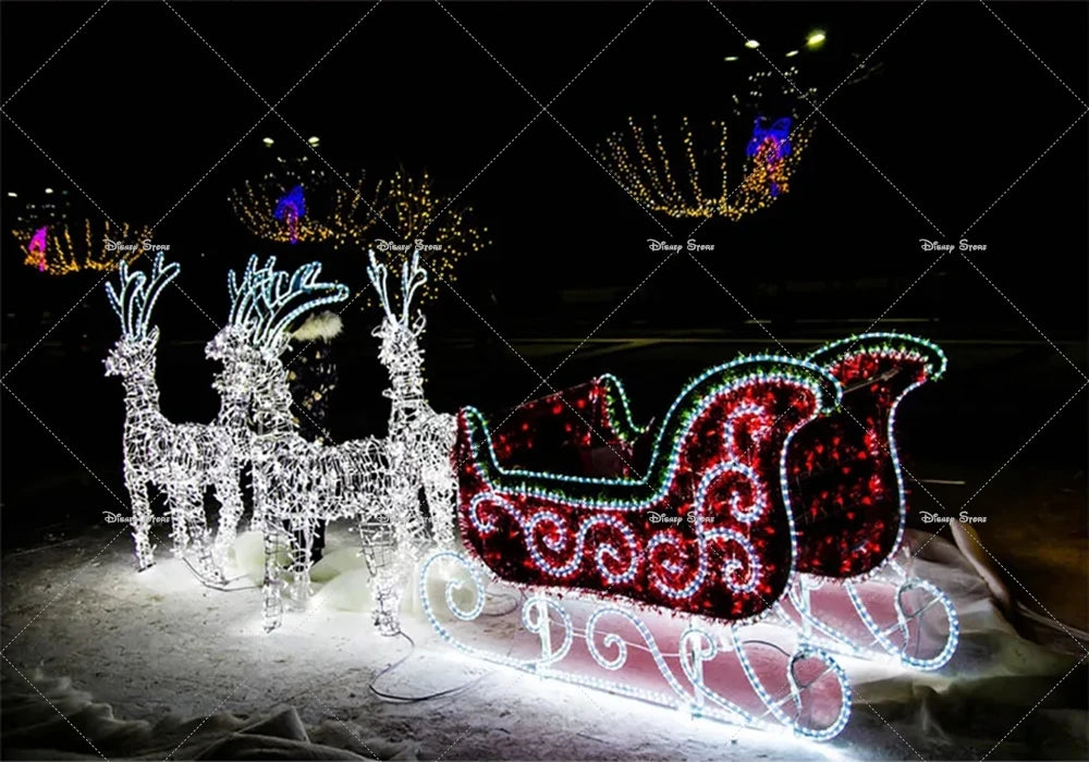 Christmas Reindeer Sleigh Painting Banner Night Elk Lights Christmas Party Photo Home Decoration Photography Background Studio