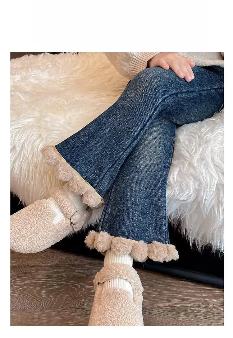 Pantalones vaqueros acampanados con forro polar para niñas, cálidos, con dobladillo desgastado, para invierno, de 1 a 6 años, a la moda, informales