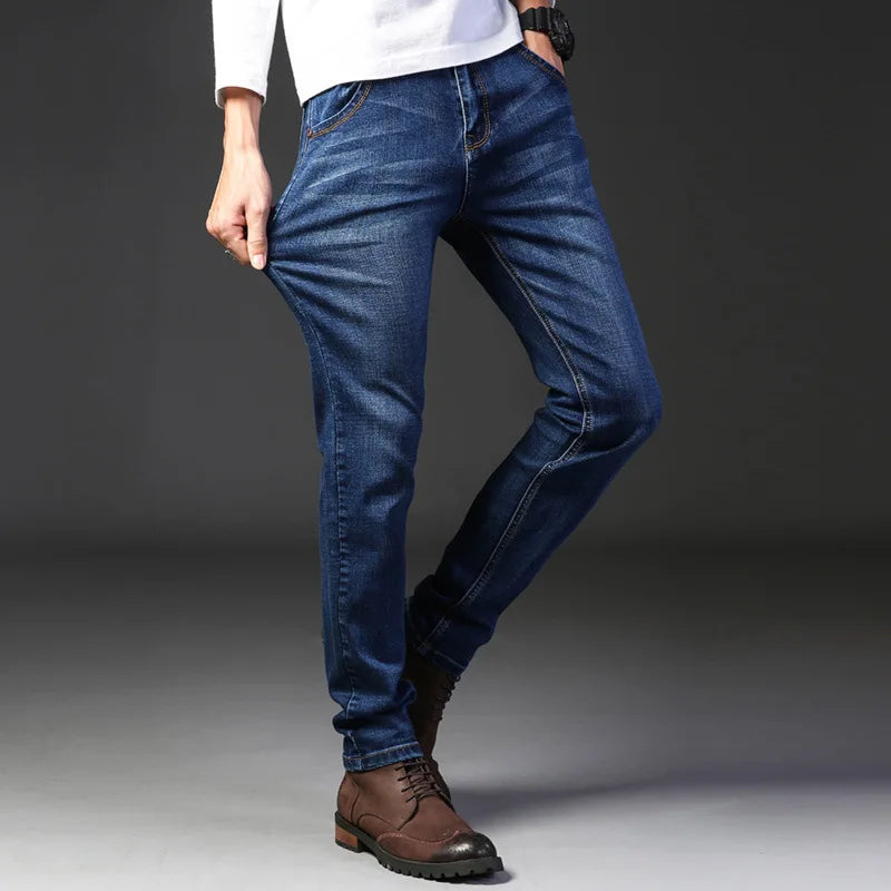 Summer Elastic Men's Jeans Fashion Gray Comfortable Business Straight Stretch Cotton Casual Denim Pants Brand Male Thin Trousers