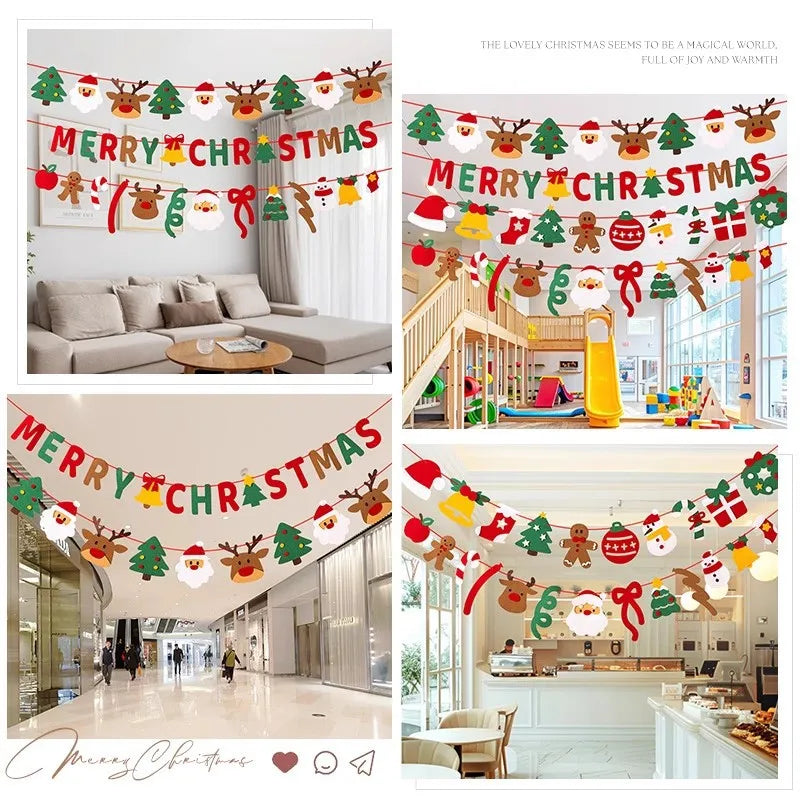 DIY Handmade Pull Flag Banner with LED Light String Merry Christmas Holiday Ornaments Home Room Background Christmas Decoration