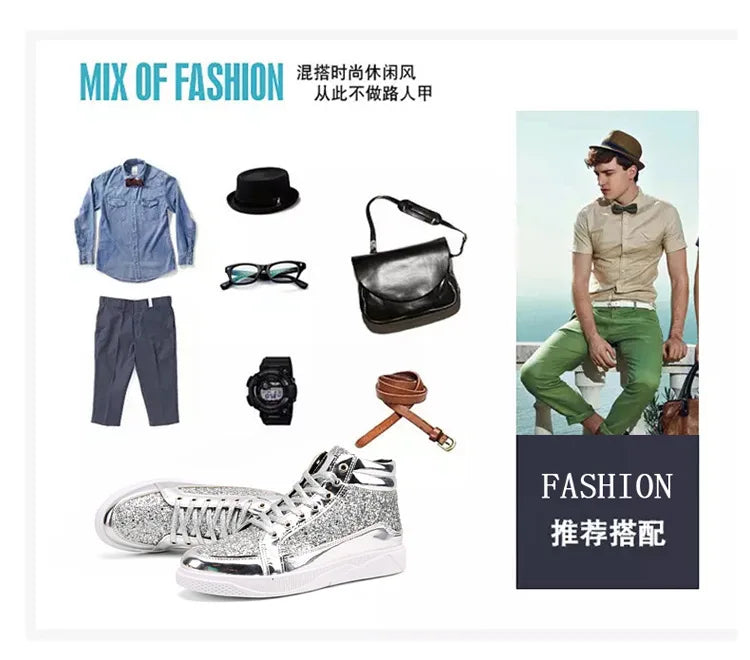 Zapatillas altas de moda para hombre, botines de tobillo dorados con purpurina, zapatos de estilo urbano, hip hop, botas casuales, calzado de primavera