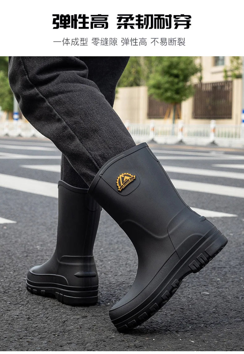 Bottes de pluie décontractées pour hommes, imperméables et antidérapantes, tige mi-haute, chaussures de travail tendance en caoutchouc (prendre une pointure au-dessus pour les modèles en coton)