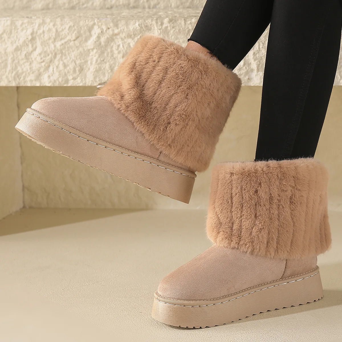 Shoes for Women Winter Slip on Women's Boots Black Round Toe Solid Flock Plush Warm Mid Heel Water Proof Casual Snow Boots Women