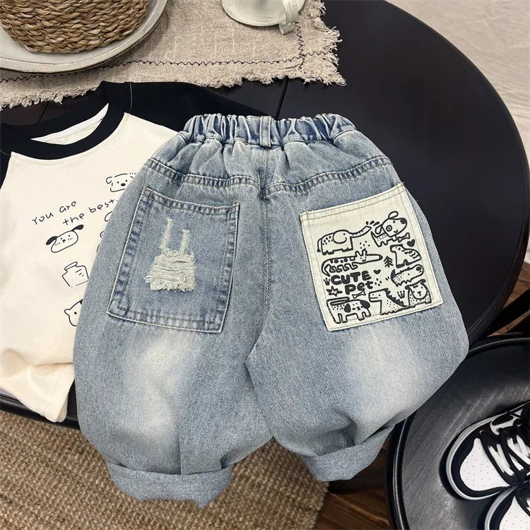 Boys Jean Pants Long Trousers Denim 2024 Blue Spring Autumn Baby's Kids Sport Teenagers Birthday Christmas Gift Children's Cloth