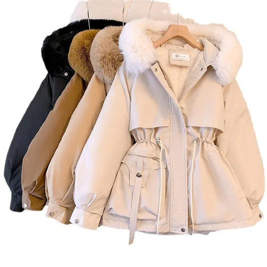 Fur Hooded Women Thick Parkas Zipper Autumn Coats Elastic Waist Midi Jackets Pockets Coats Elegant Coat Warm Winter 2024