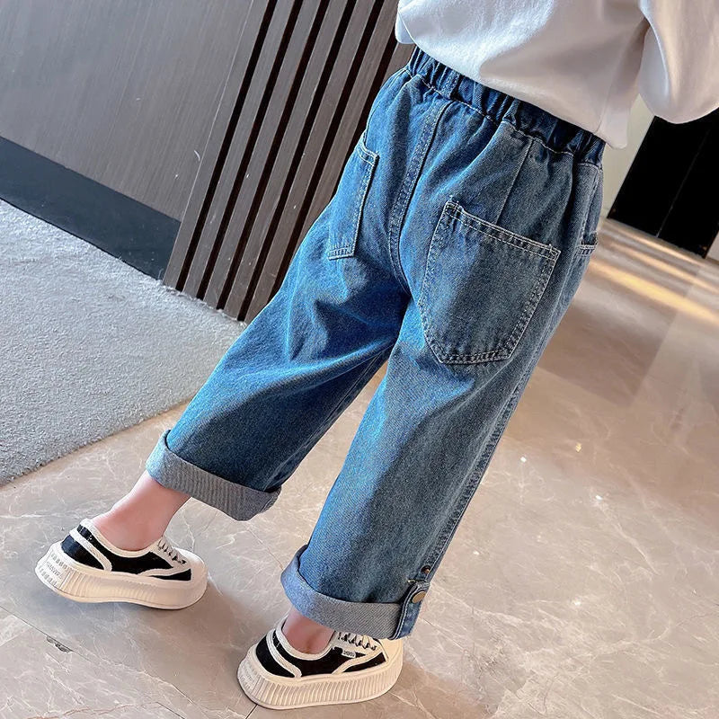 2025 New Autumn Girls Jeans 2-7T Kids Straight Trousers Pants Hem Closure Button Trendy Boys Loose denim Pants