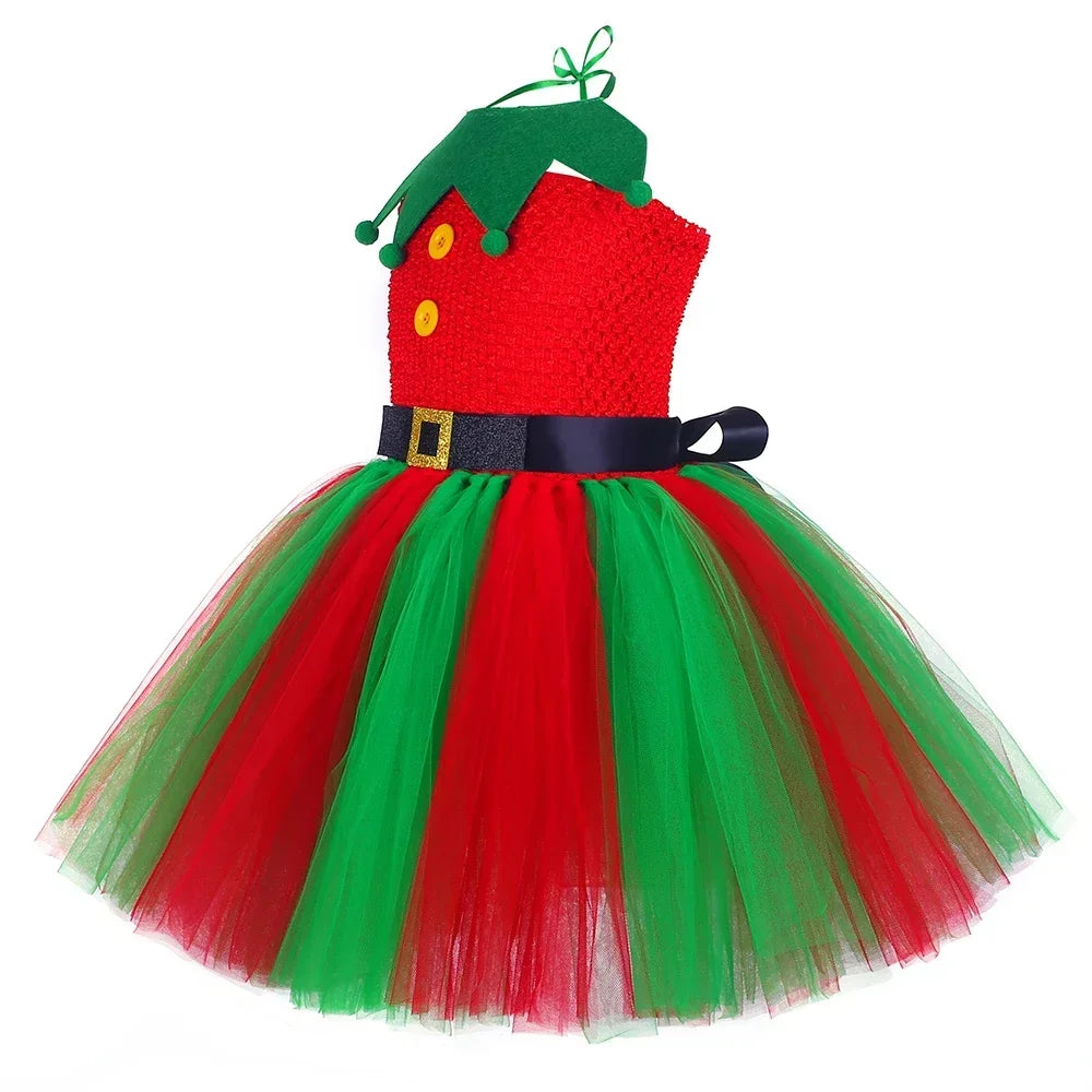 Christmas Elf Costume for Girls Xmas Holiday Party Tulle Dress Up Clothes Toddler Kids Red Green Elf Tutu Princess Dress Outfit