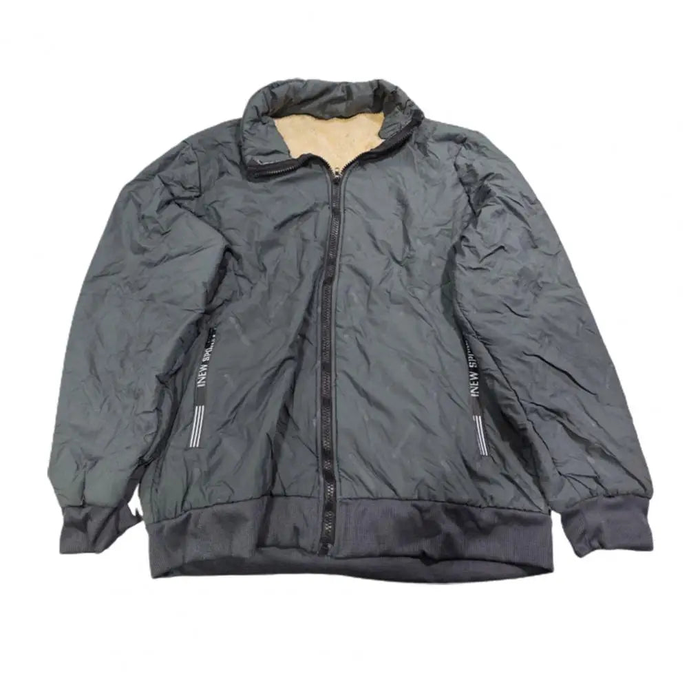 Men Parkas For Winter Lapel Embossed Lines Zipper Pockets Jacket Solid Color Plush Lining Elastic Hem Male Coat For Outdoor