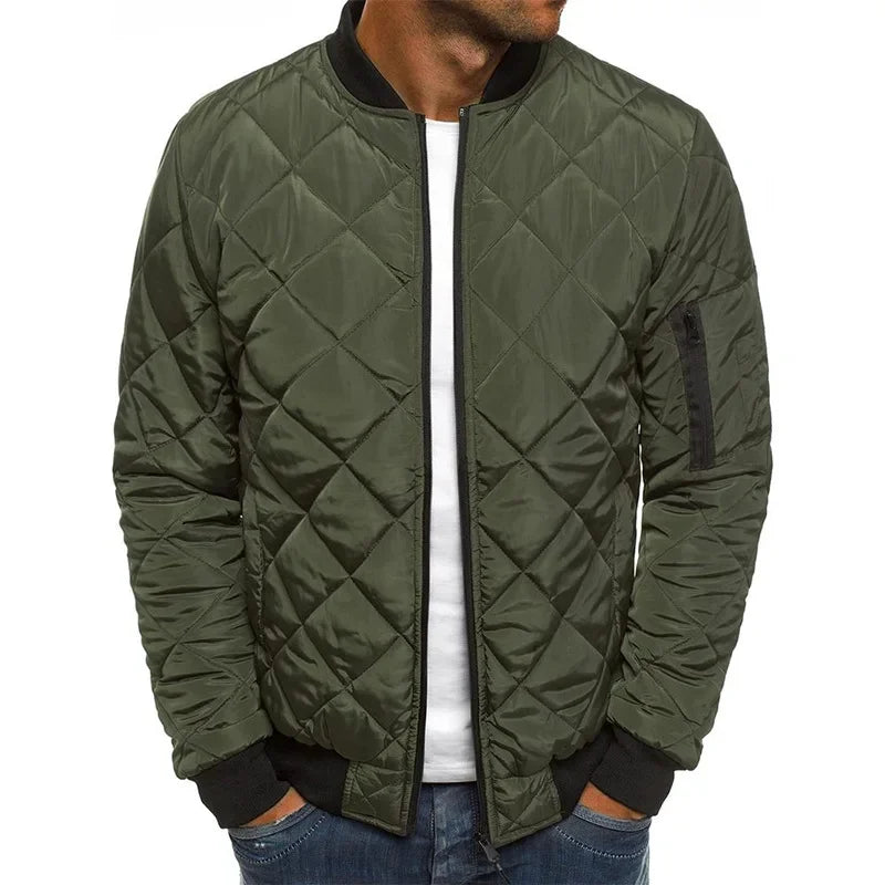 Men's Solid Color Diamond Check Seaming Thickened Standing Collar Cotton-padded Jacket, Winter New Casual Warm Zipper Jacket