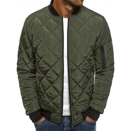 Men's Solid Color Diamond Check Seaming Thickened Standing Collar Cotton-padded Jacket, Winter New Casual Warm Zipper Jacket
