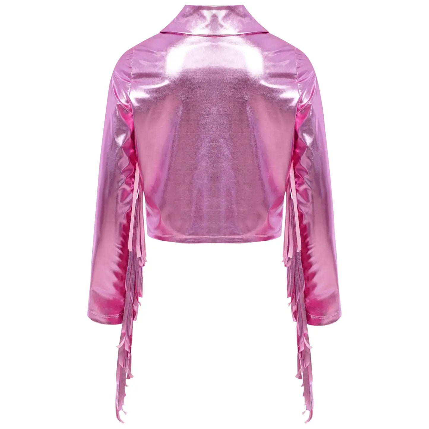 Kids Girls Tassels Metallic Jacket Top Fringe Shiny Turn-Down Collar Long Sleeve Zipper Jacket Coat for Hip Hop Street Dance