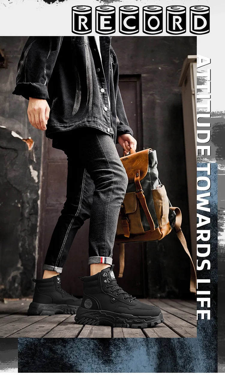 Botas de hombre de algodón, estilo británico, de caña alta, con refuerzos de PU, suela gruesa, cierre de cordones, cómodas y antideslizantes, ideales para deportes de montaña.