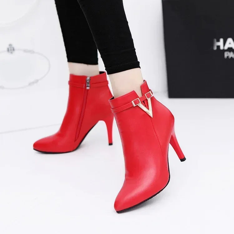 Botas de tacón fino de aguja con punta puntiaguda de piel sintética con cremallera, sexys, hasta el tobillo, para mujer, tacones altos rojos de 9 cm, para primavera y otoño, talla 40