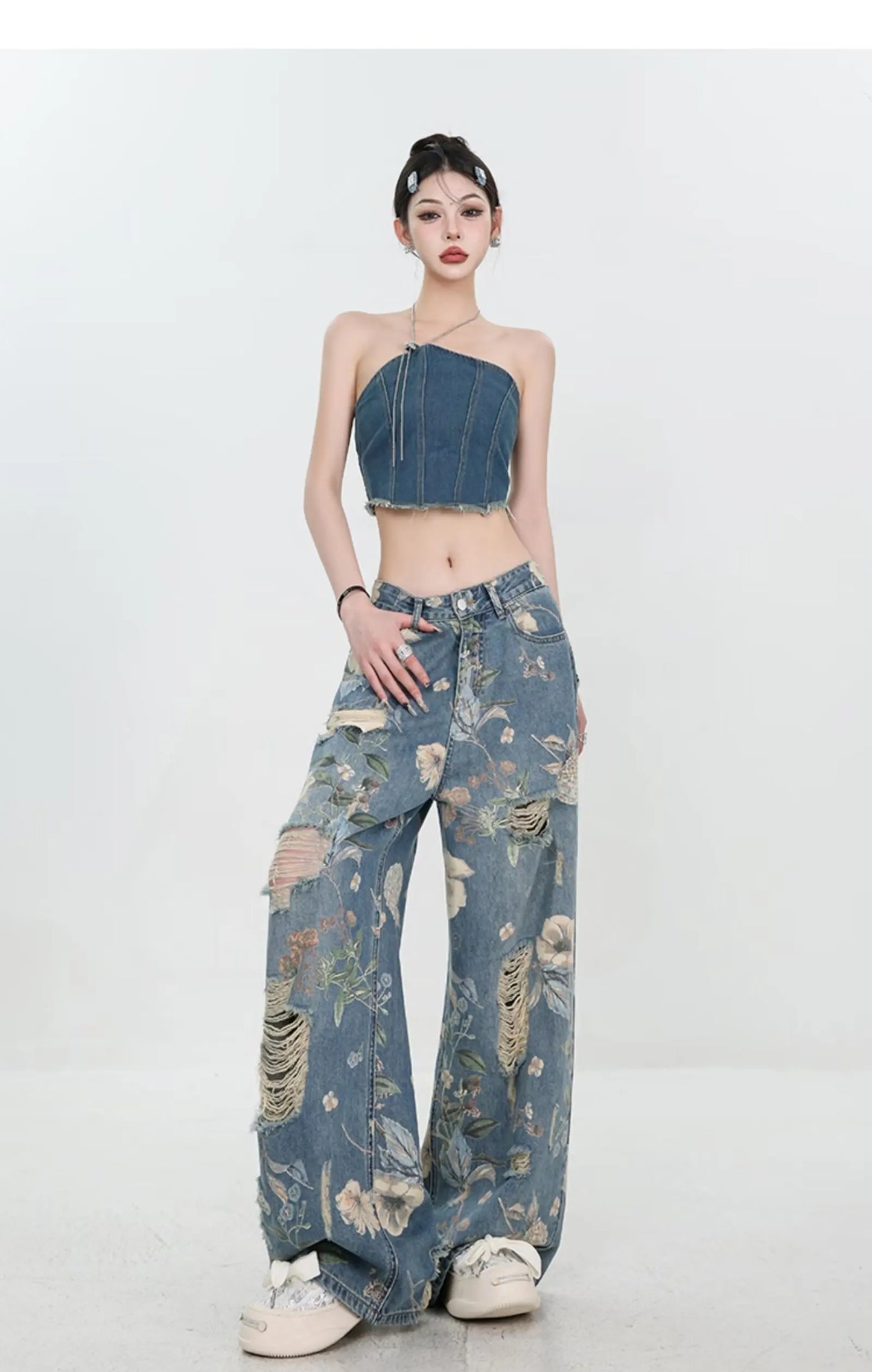 American Street Print Jeans For Women Trendy Style Loose And Versatile Floor-length Wide-leg Pants With A Versatile Design