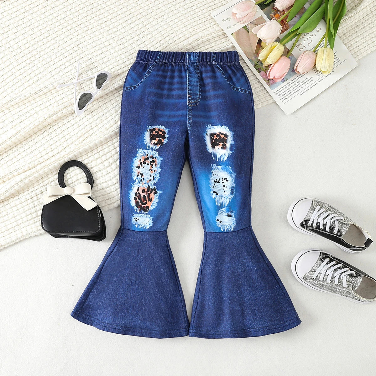 Directional Development of Girls' Daily Casual Street Style Hole Printed Elastic Waist Splicing Flared Pants Spring & Fall Style