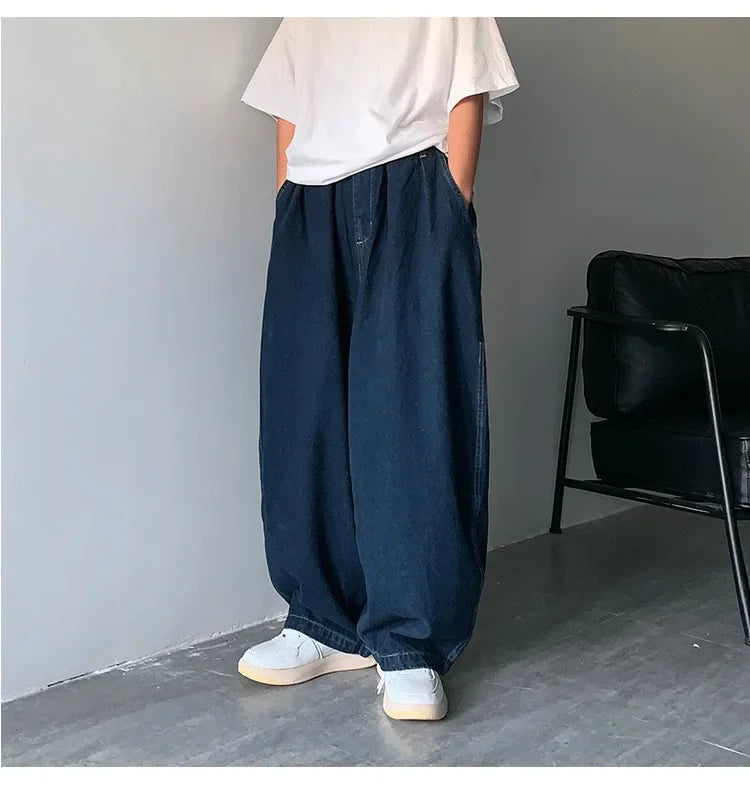 Pantalones vaqueros de pierna ancha para hombre, pantalones vaqueros largos, pantalones rectos, cintura elástica, bolsillo, sueltos, casuales, regulares, sólidos, empalmados, otoño e invierno.
