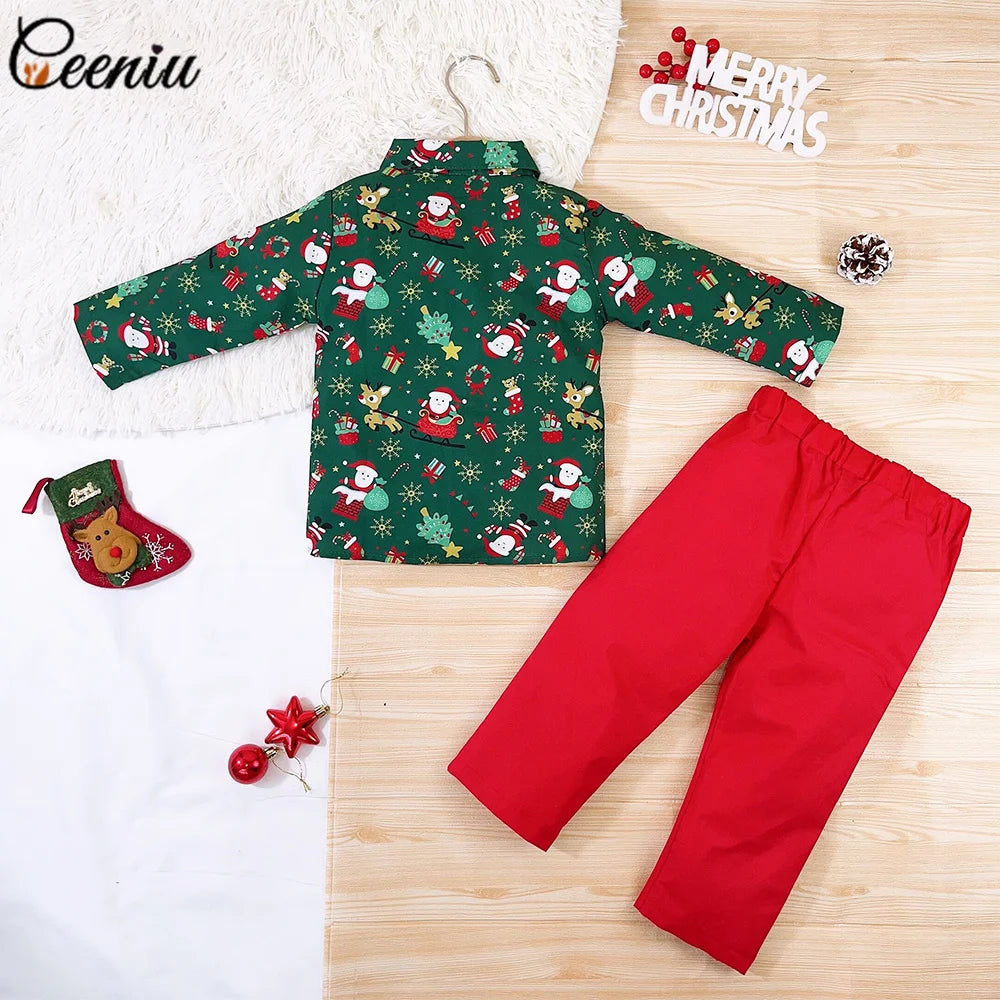Ceeniu 1-5Y New Year Costume For Boy Christmas Outfit Santa Deer Printed Necktie Shirts and Red Pants Children Christmas Clothes