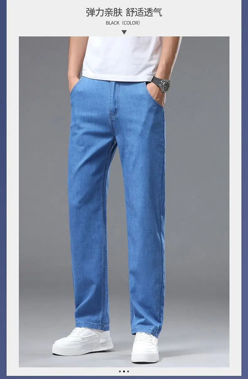 Spring Summer Business Jeans Men Light Blue Casual Straight Stretch Fashion Classic Work Denim Trousers Brand Clothing